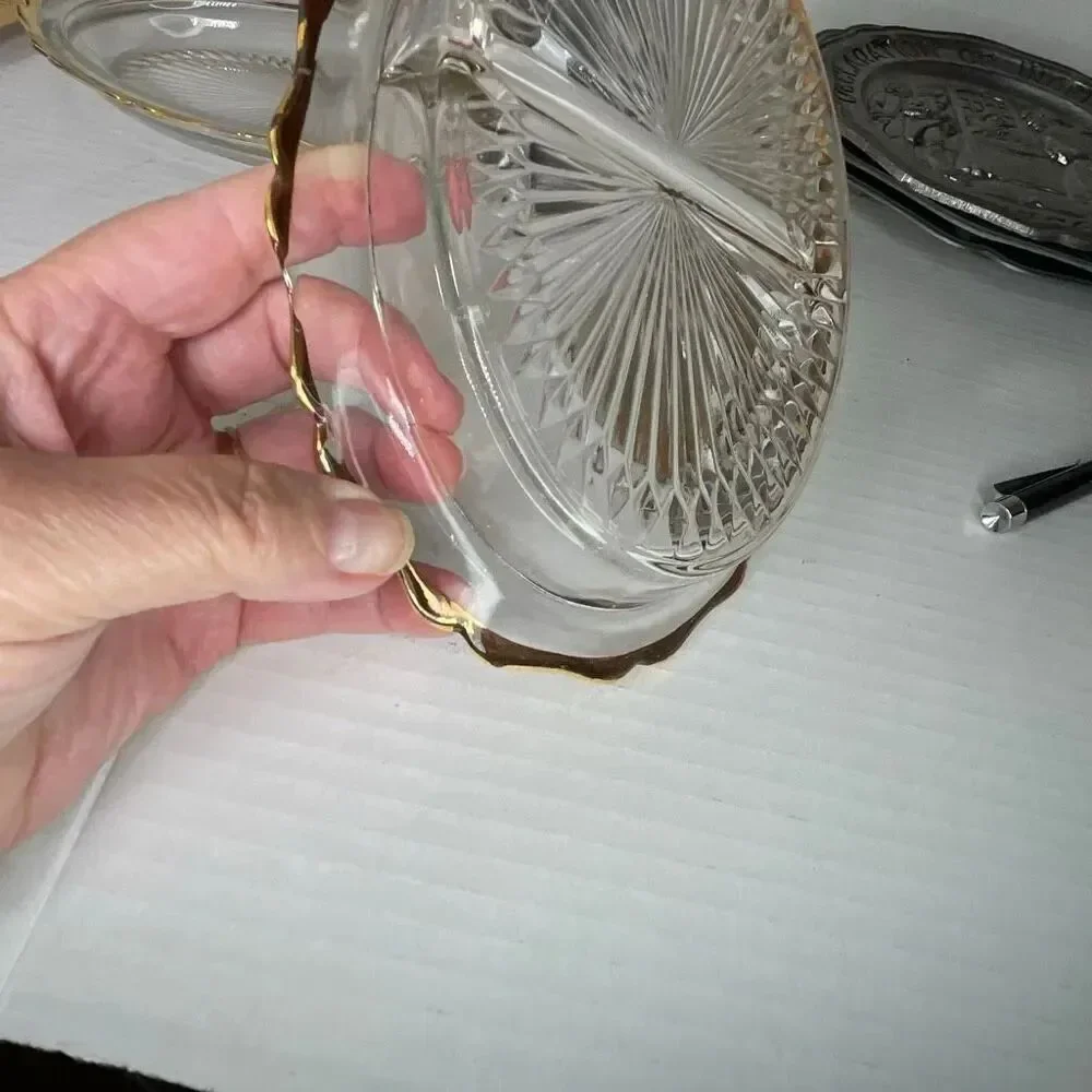 Lot of 2 Midcentury starburst pattern gold trimmed relish dishes
